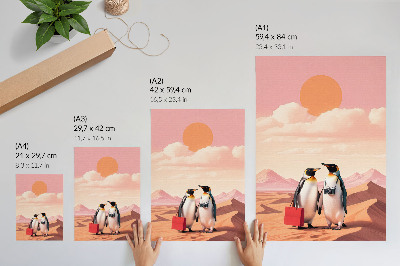 Nowoczesna grafika na płótnie Pingwiny na pustyni surrealistyczna sceneria