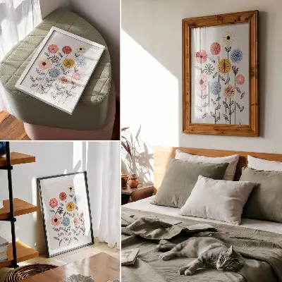 Plakat ścienny z motywem kolorowych kwiatów na białym tle w stylu retro