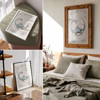 Nowoczesna grafika na płótnie dinozaur na księżycu wśród gwiazd w pastelowym kosmosie