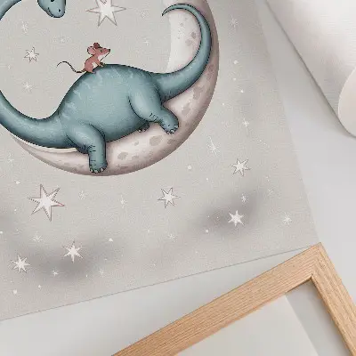 Nowoczesna grafika na płótnie dinozaur na księżycu wśród gwiazd w pastelowym kosmosie
