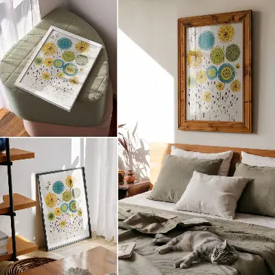 Plakat z teksturą płótna kolorowe okręgi z cienkimi liniami w nowoczesnym stylu
