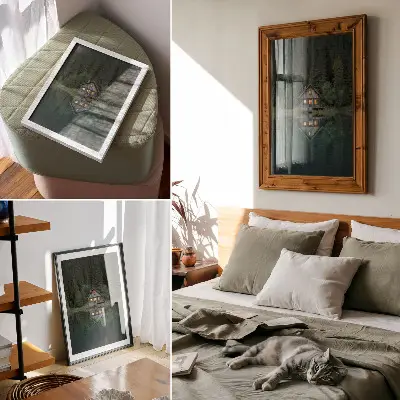 Plakat na płótnie z widokiem na chatę w górach z odbiciem w wodzie