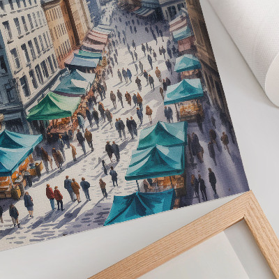 Plakat ścienny Barwna scena miejska ludzie stragany akwarela