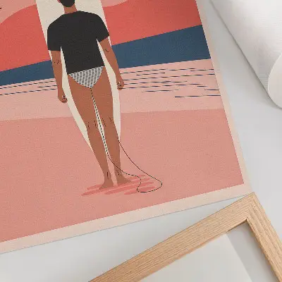 Plakat na płótnie surfer na desce na tle plaży i spokojnego morza jako symbol odprężenia
