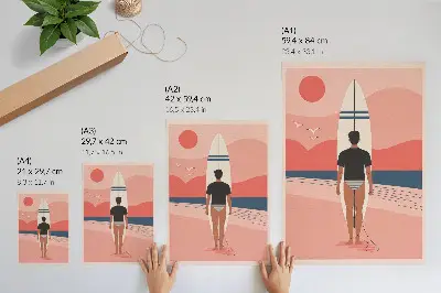 Plakat na płótnie surfer na desce na tle plaży i spokojnego morza jako symbol odprężenia