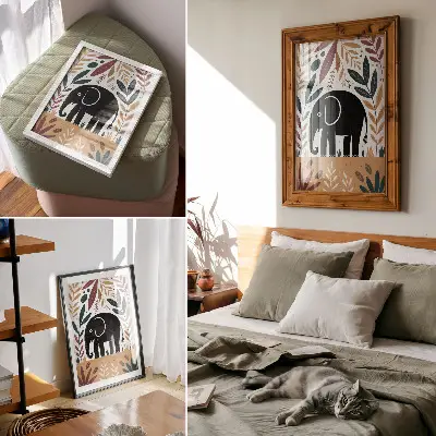 Plakat z teksturą płótna słoń wśród liści w stylu eleganckiej natury