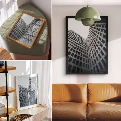 Nowoczesna grafika na płótnie przedstawiająca nowoczesną architekturę z pionowymi liniami