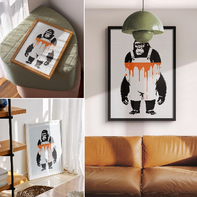 Plakat z teksturą płótna Goryl w ogrodniczkach na tle intensywnego oranżu