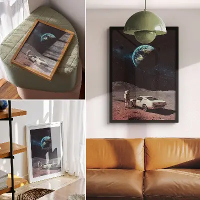 Plakat na płótnie astronauta na księżycu jadący samochodem na tle Ziemi i gwiazd