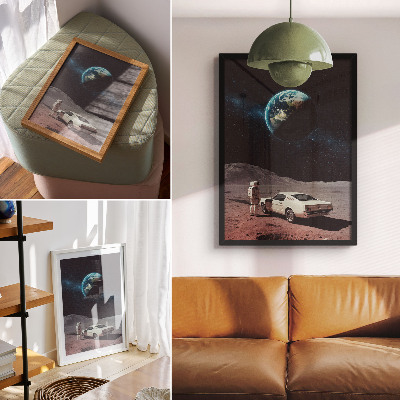 Plakat na płótnie Astronauta na księżycu samochód Ziemia gwiazdy