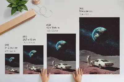 Plakat na płótnie astronauta na księżycu jadący samochodem na tle Ziemi i gwiazd