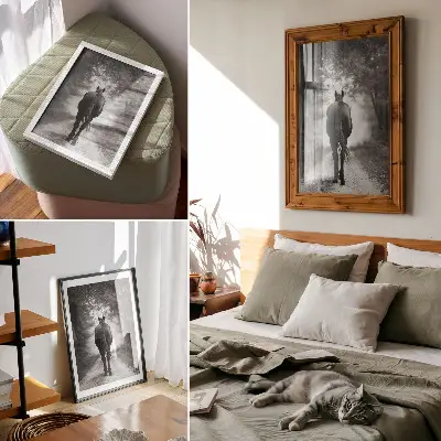 Czarno-biały koń w lesie fotografia na plakacie z teksturą płótna
