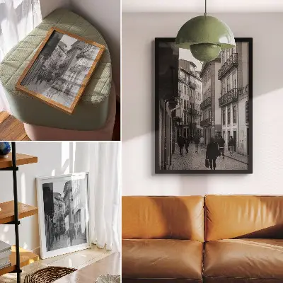 Plakat ścienny ulica z czarno-białą architekturą i ludźmi