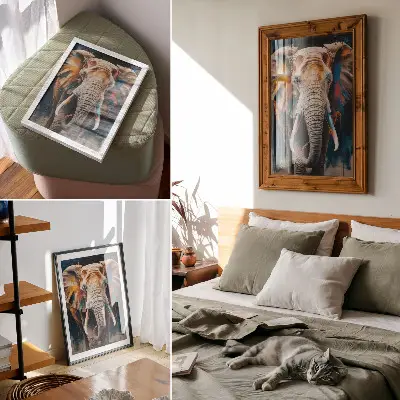 Plakat ścienny kolorowa sylwetka słonia z nowoczesnymi akcentami w stylu surrealistycznym