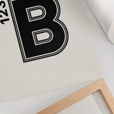 Plakat z teksturą płótna styl geometryczny z literą i kolorowymi kroplami