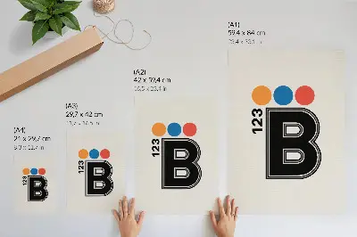 Plakat z teksturą płótna styl geometryczny z literą i kolorowymi kroplami