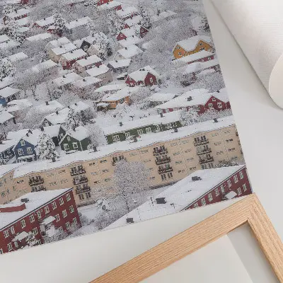 Plakat z teksturą płótna kolorowe domy w górach zimą w harmonii z naturą