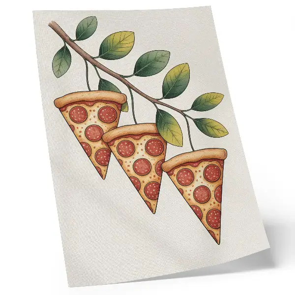 Nowoczesna grafika na płótnie przedstawiająca kawałki pizzy na gałęzi drzewa w radosnych barwach