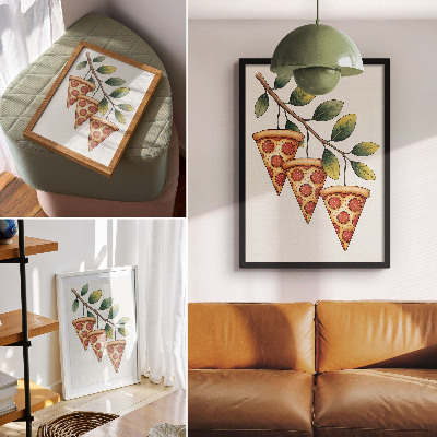 Nowoczesna grafika na płótnie Kawałki pizzy na gałęzi drzewa radosne barwy