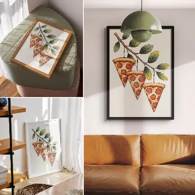 Nowoczesna grafika na płótnie przedstawiająca kawałki pizzy na gałęzi drzewa w radosnych barwach