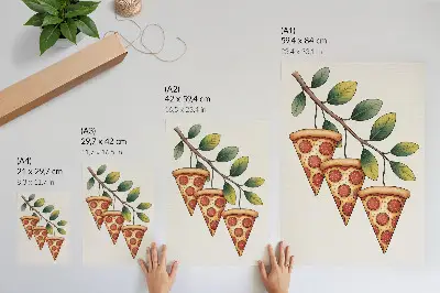 Nowoczesna grafika na płótnie przedstawiająca kawałki pizzy na gałęzi drzewa w radosnych barwach