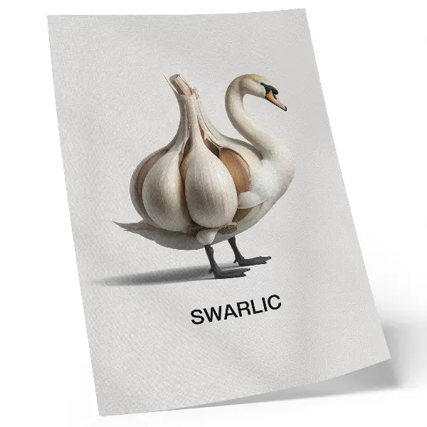 Łabędź połączony z czosnkiem surrealizm nowoczesna grafika na płótnie
