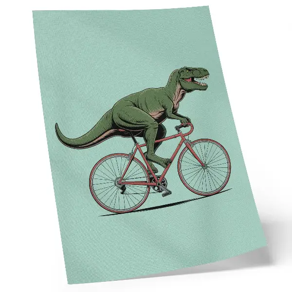 Plakat na płótnie zielony dinozaur na rowerze na turkusowym tle