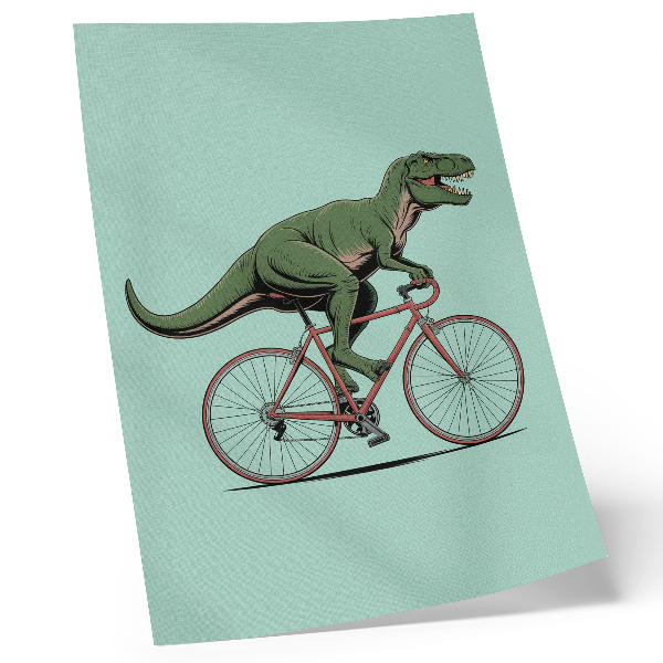 Plakat na płótnie Zielony dinozaur na rowerze turkusowe tło