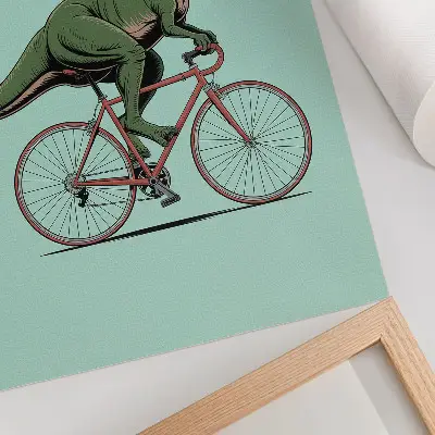 Plakat na płótnie zielony dinozaur na rowerze na turkusowym tle