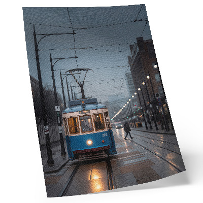 Nowoczesna grafika na płótnie Błękitny tramwaj deszczowy dzień miejskie życie