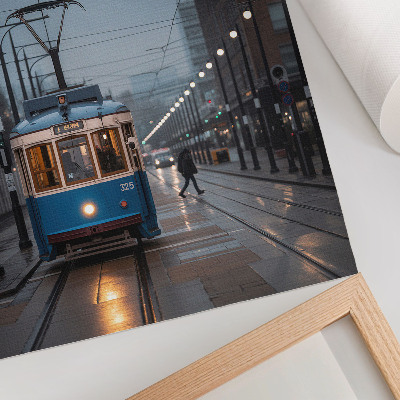 Nowoczesna grafika na płótnie Błękitny tramwaj deszczowy dzień miejskie życie