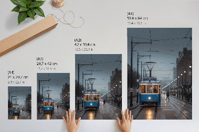 Nowoczesna grafika na płótnie Błękitny tramwaj deszczowy dzień miejskie życie