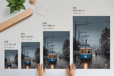 Nowoczesna grafika na płótnie błękitny tramwaj w deszczowy dzień z motywem miejskiego życia