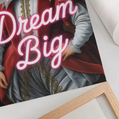 Nowoczesna grafika na płótnie portret historyczny z neonowym napisem w kontrastowej stylistyce