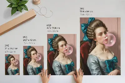 Nowoczesna grafika na płótnie portret kobiety z gumą balonową w stylu retro