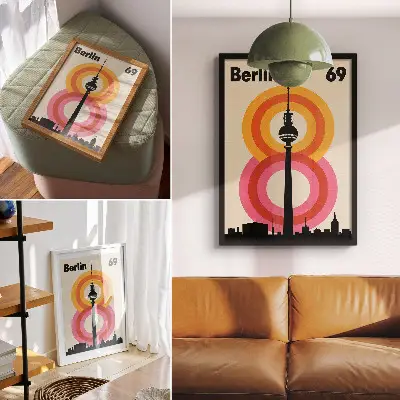 Plakat z teksturą płótna z motywem kolorowych pierścieni w stylu retro
