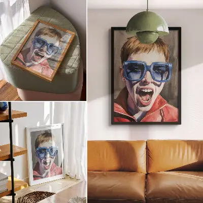 Plakat ścienny portret osoby w okularach w wyrazistych kolorach oddający emocje