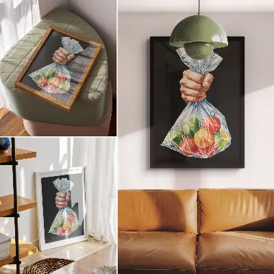 Nowoczesna grafika na płótnie przedstawiająca rękę z torbą foliową pełną kolorowych owoców