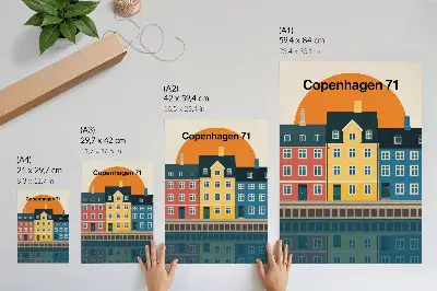 Plakat z teksturą płótna kolorowe domy nad wodą w minimalistycznej estetyce