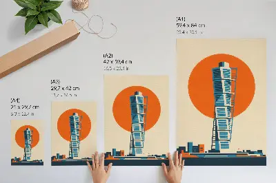Plakat na płótnie nowoczesny wieżowiec w pomarańczowe słońce z geometrycznymi kształtami