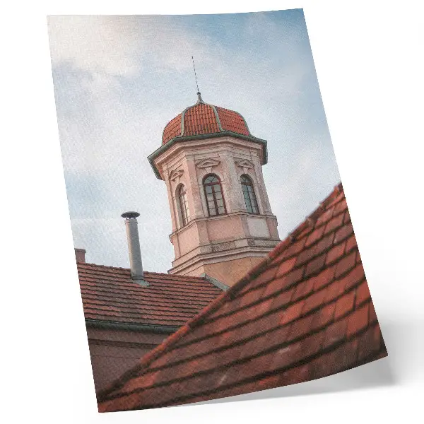 Plakat ścienny rustykalna wieża z ceglanymi dachówkami na tle błękitnego nieba