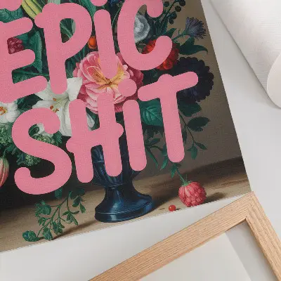 Nowoczesna grafika na płótnie kolorowe kwiaty z różowym napisem i żywym kontrastem