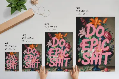Nowoczesna grafika na płótnie kolorowe kwiaty z różowym napisem i żywym kontrastem