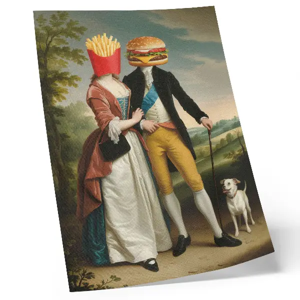 Plakat ścienny surrealistyczna scena z głową w kształcie frytek i hamburgera
