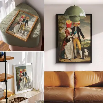 Plakat ścienny surrealistyczna scena z głową w kształcie frytek i hamburgera