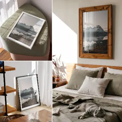 Plakat z teksturą płótna górski widok z lustrzanym odbiciem w spokojnej wodzie