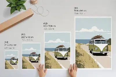 Plakat na płótnie przedstawiający van na drodze nad morzem w stylu retro