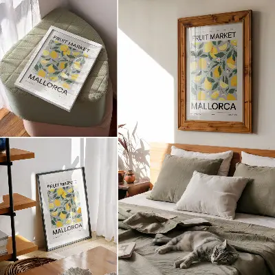 Nowoczesna grafika na płótnie cytryny z zielonymi liśćmi na niebieskim tle