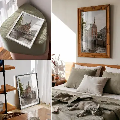 Plakat ścienny zabytkowy budynek z ceglaną fasadą, rzeką, mostem i wieżyczką
