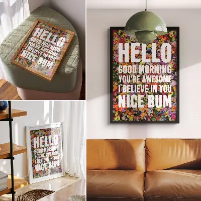 Nowoczesna grafika na płótnie z kolorowymi kwiatami i białą typografią